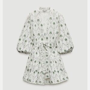 Zara 100% Cotton White and Green Palm Print Dress with Belt XS SS2024